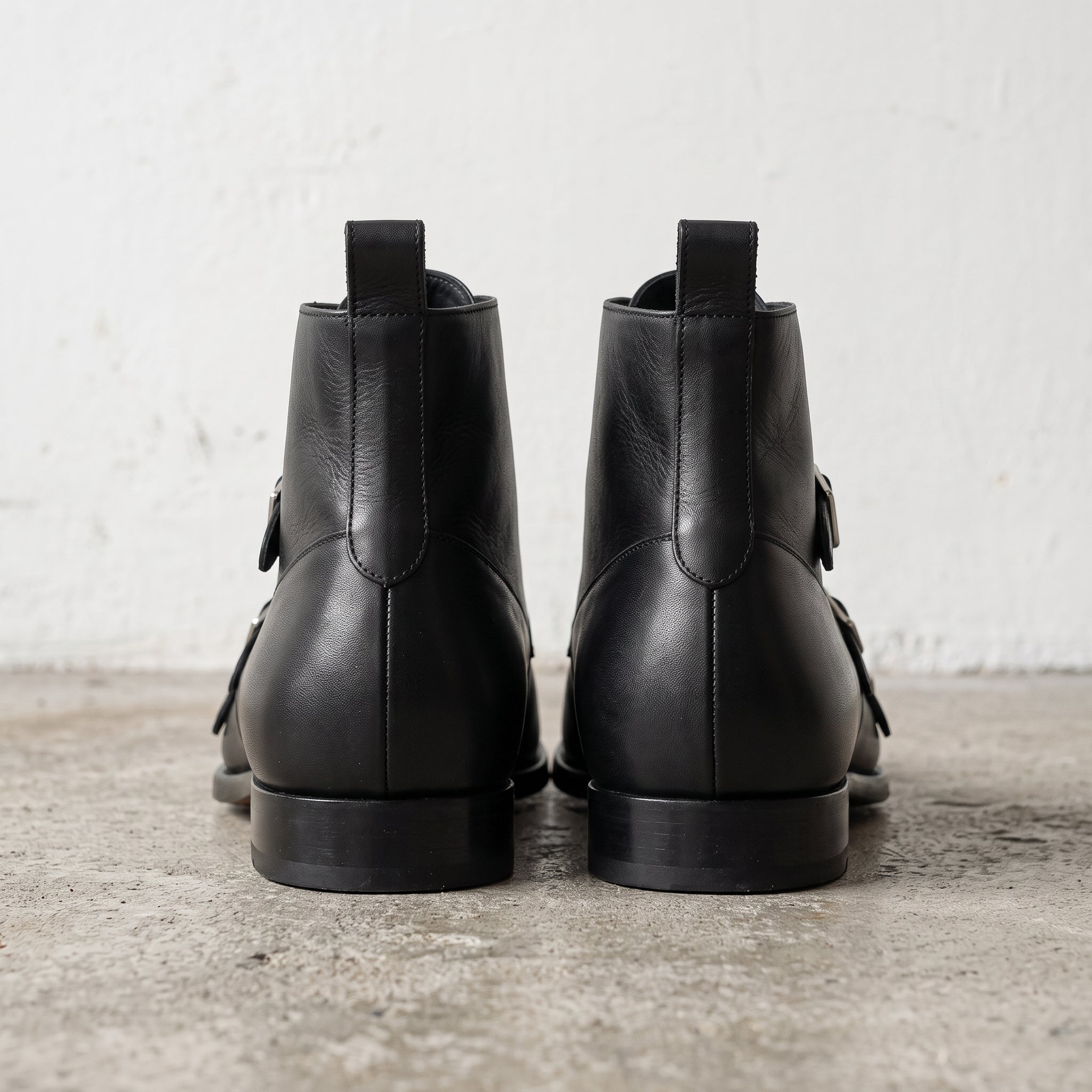 Men's Black Plain-Toe Leather Double Monk Boots — Fovant