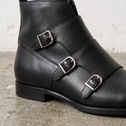 Men's Black Plain-Toe Leather Double Monk Boots — Fovant
