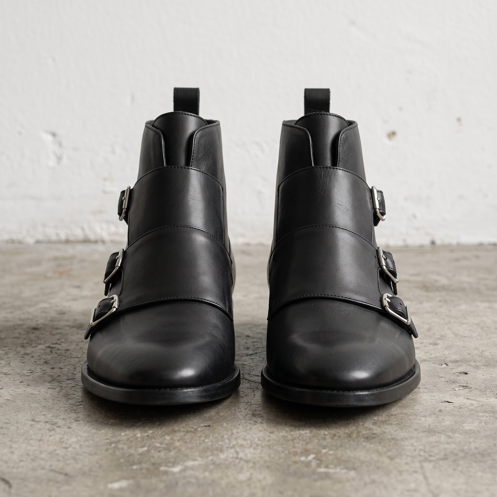 Men's Black Plain-Toe Leather Double Monk Boots — Fovant