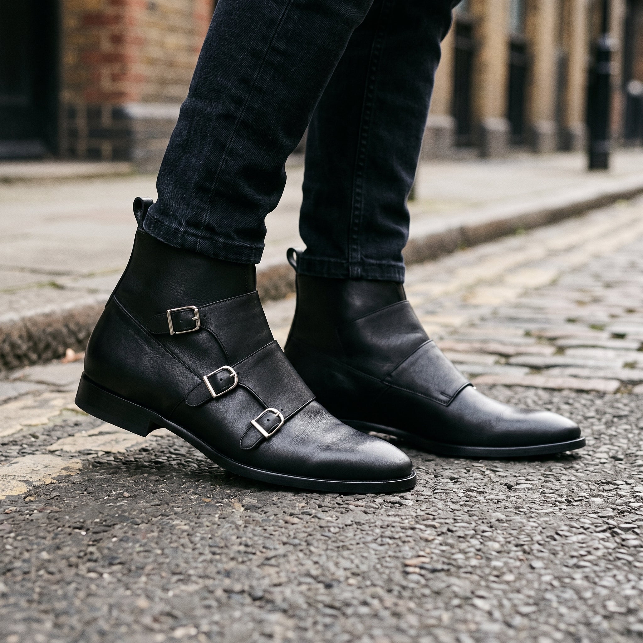 Men's Black Plain-Toe Leather Double Monk Boots — Fovant