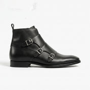 Men's Black Plain-Toe Leather Double Monk Boots — Fovant