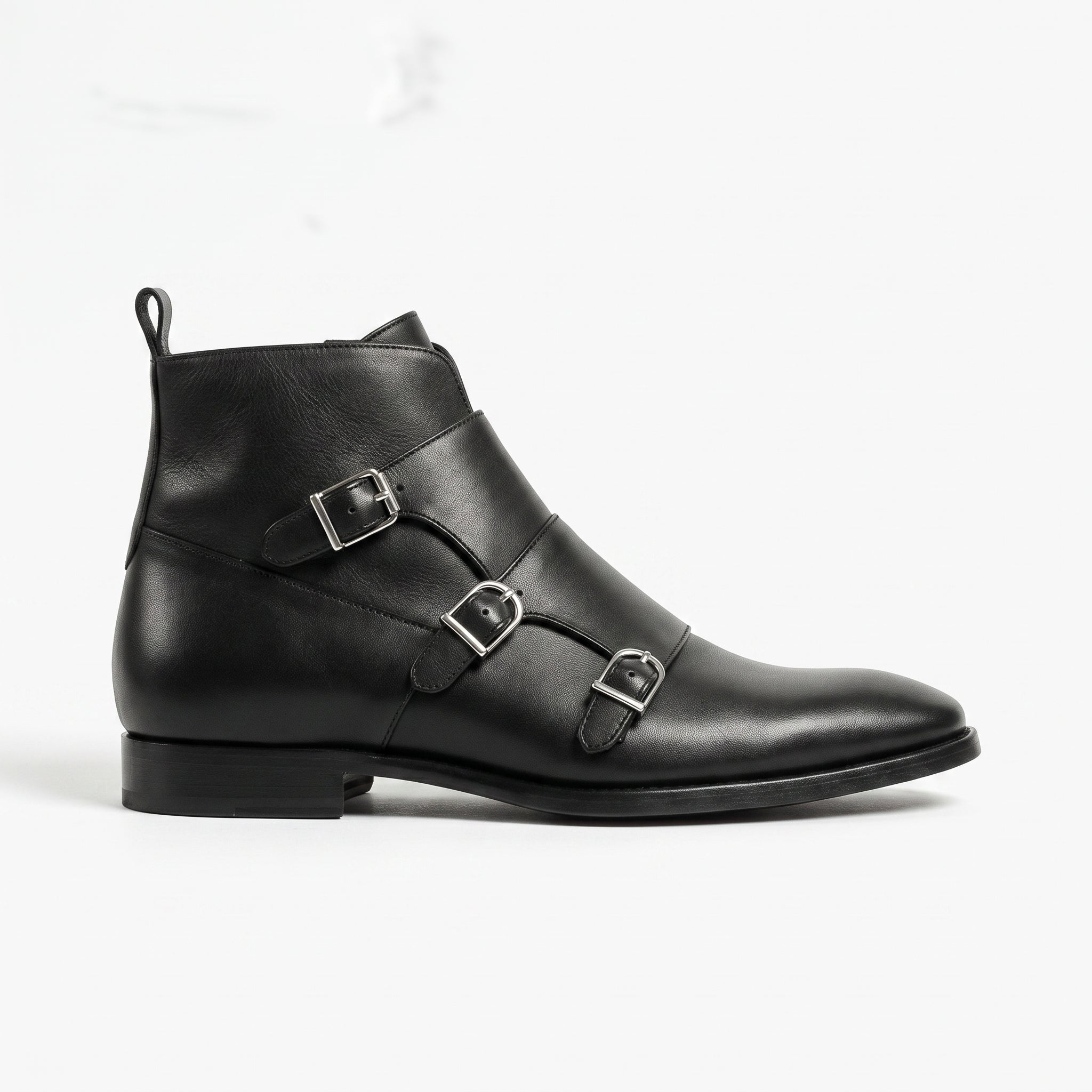 Men's Black Plain-Toe Leather Double Monk Boots — Fovant