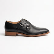 Men's Black Plain-Toe Leather Double Monk Strap Shoes — Farlam