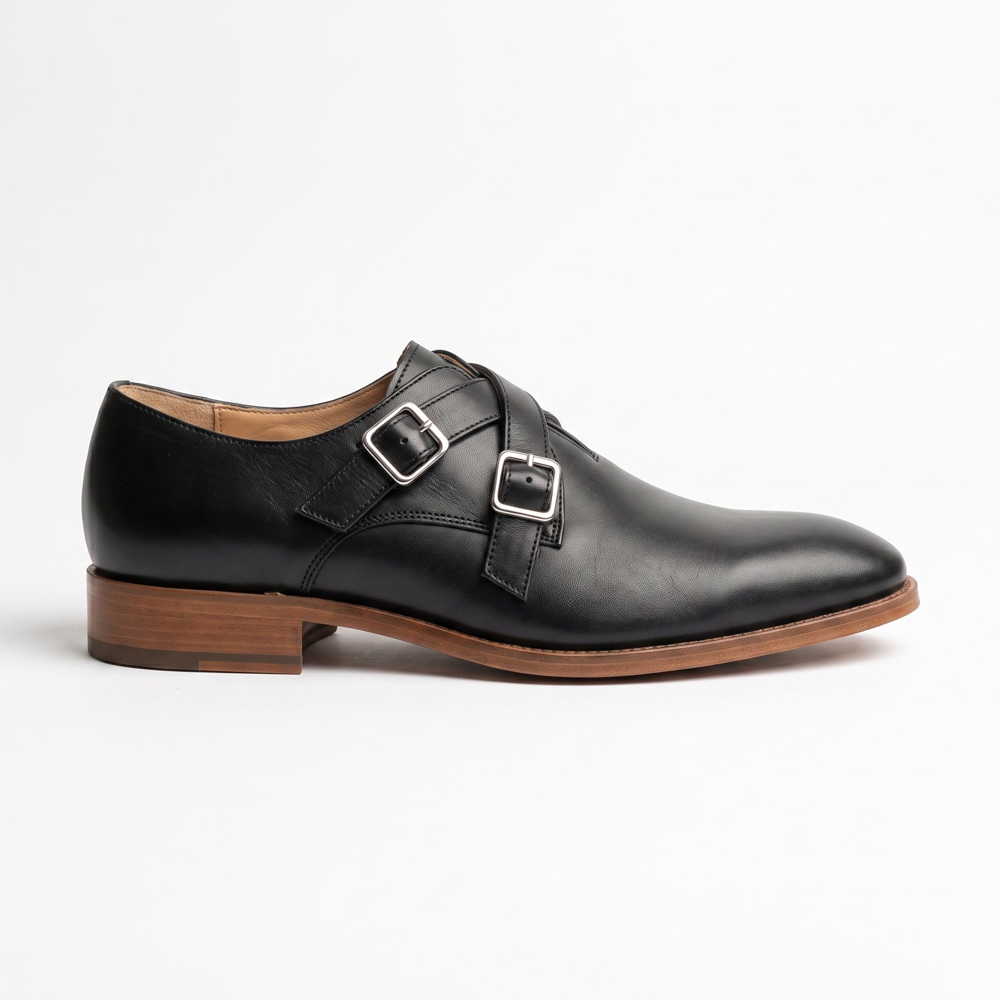 Men's Black Plain-Toe Leather Double Monk Strap Shoes — Farlam