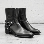Men's Black Plain-Toe Leather Biker Boots — Hulse