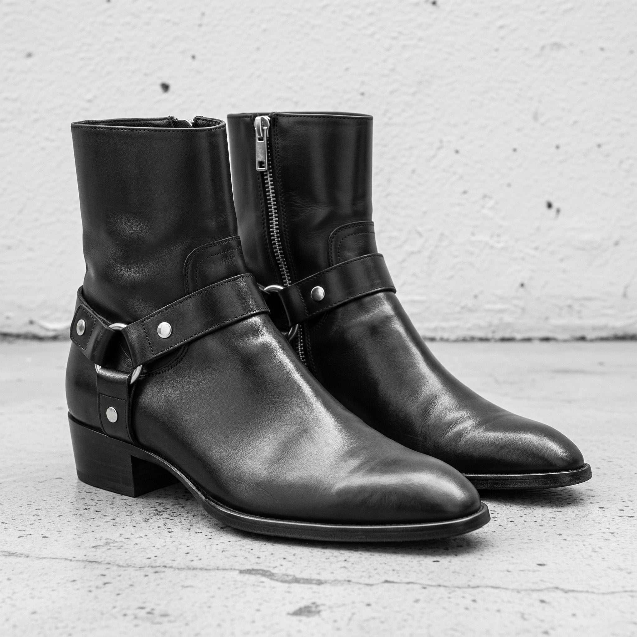 Men's Black Plain-Toe Leather Biker Boots — Hulse