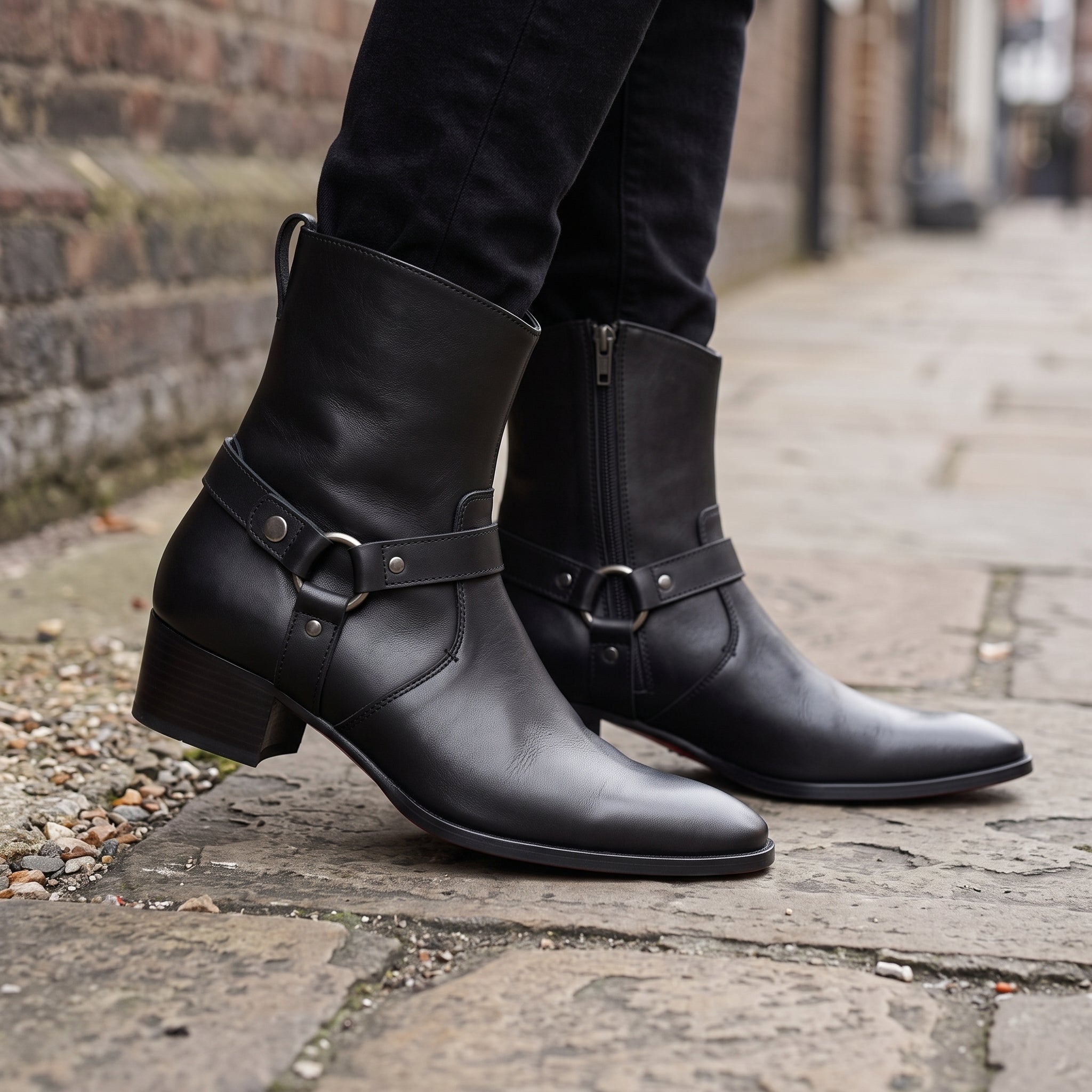 Men's Black Plain-Toe Leather Harness Boots — Bardon