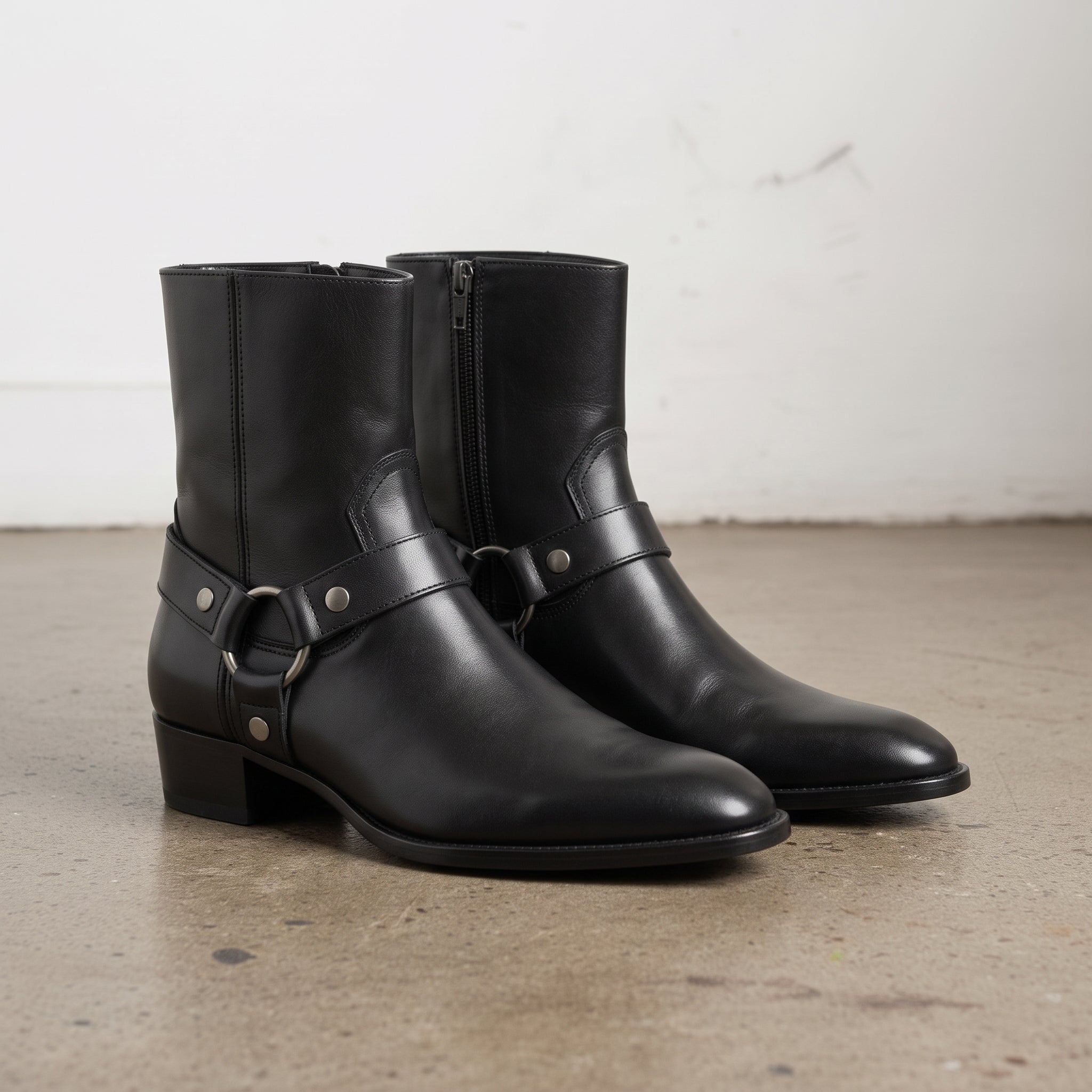 Men's Black Plain-Toe Leather Biker Boots — Livingston