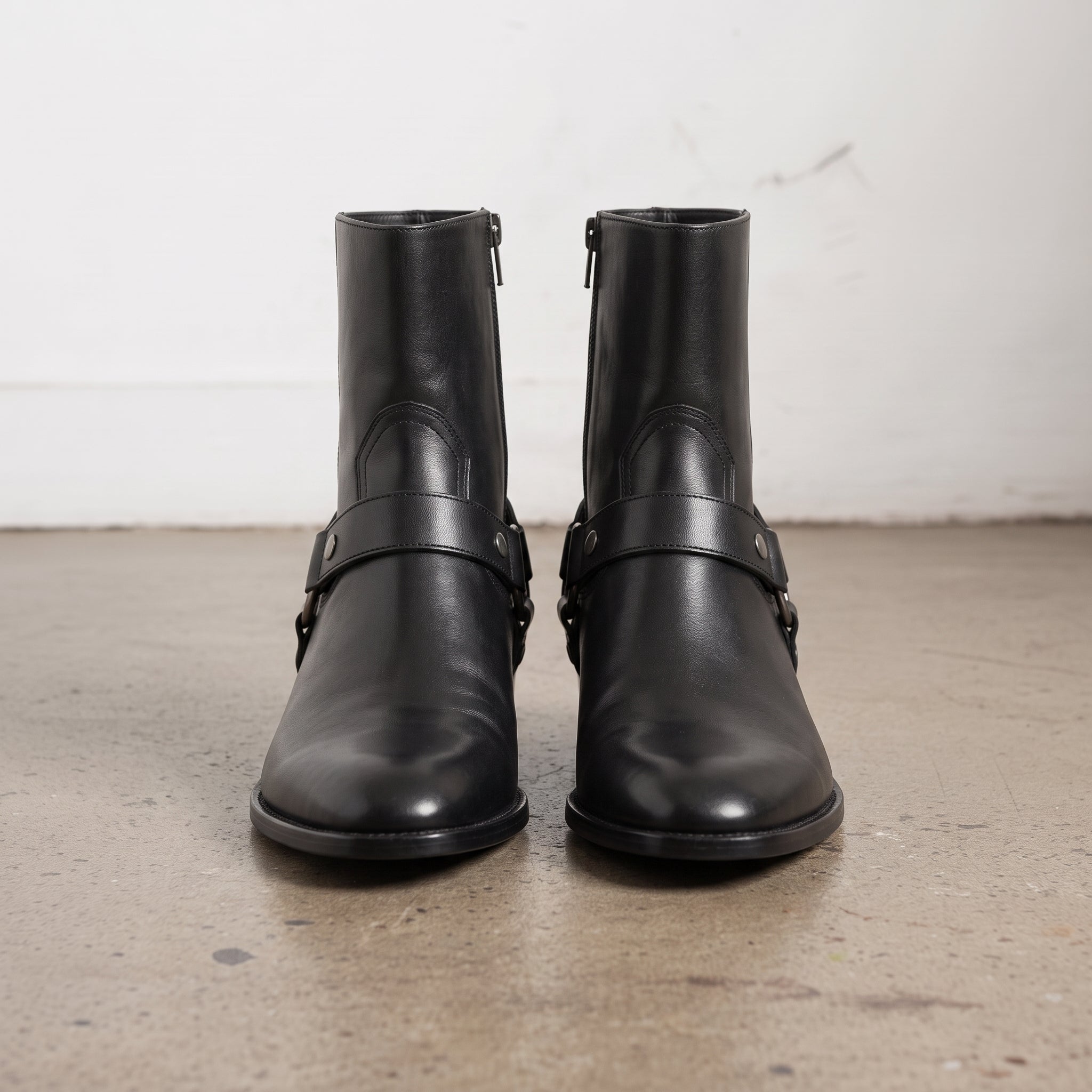 Men's Black Plain-Toe Leather Biker Boots — Livingston