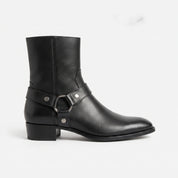 Men's Black Plain-Toe Leather Biker Boots — Livingston