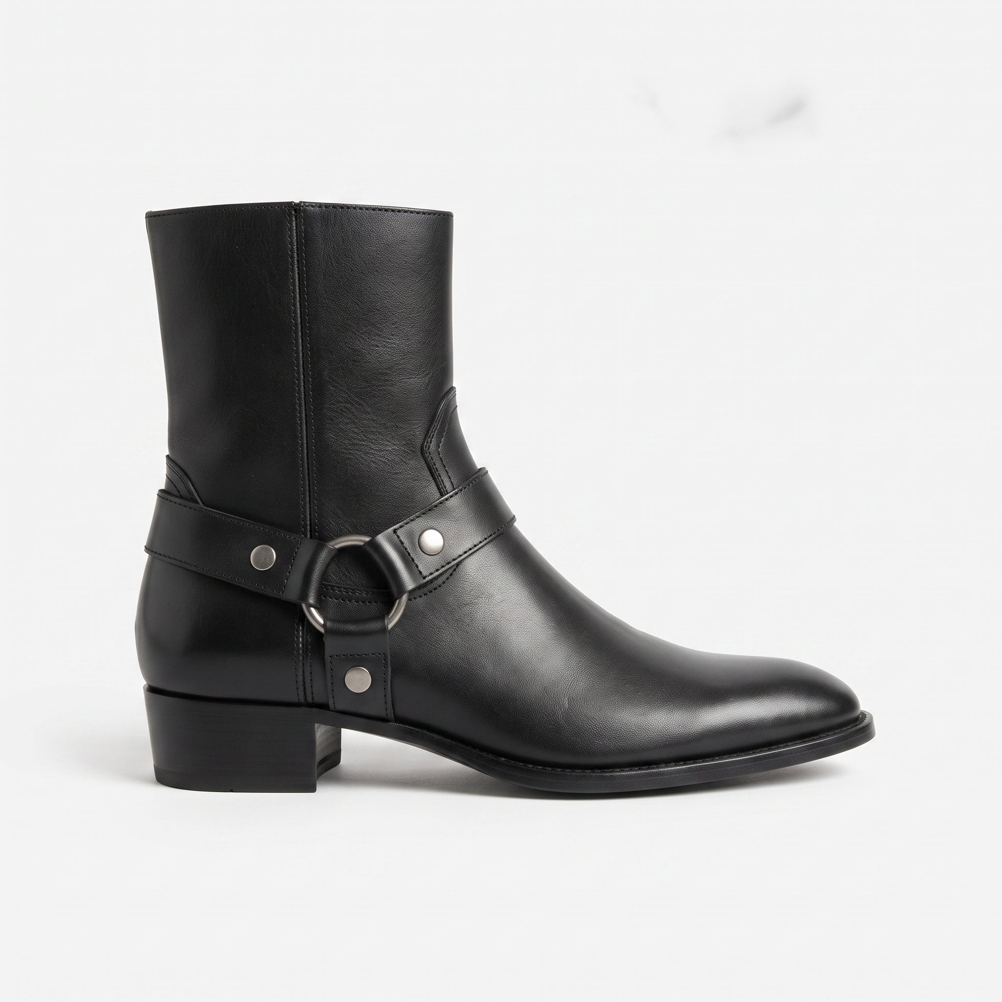 Men's Black Plain-Toe Leather Biker Boots — Livingston