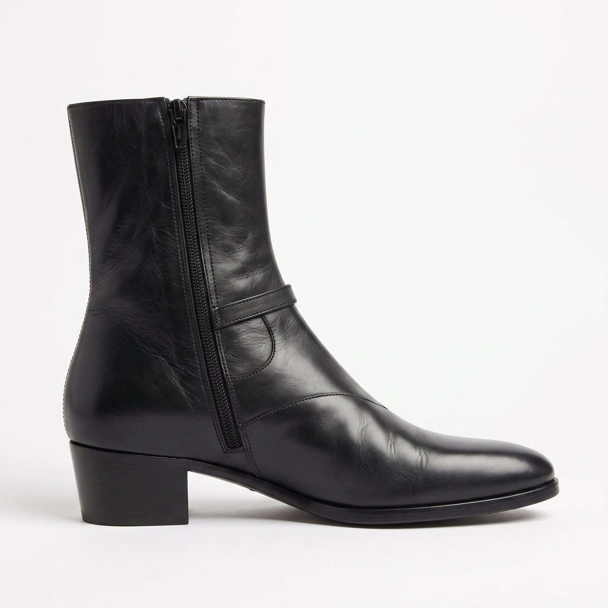 Men's Black Plain-Toe Leather High-Heel Zipper Ankle Boots — Fenhurst