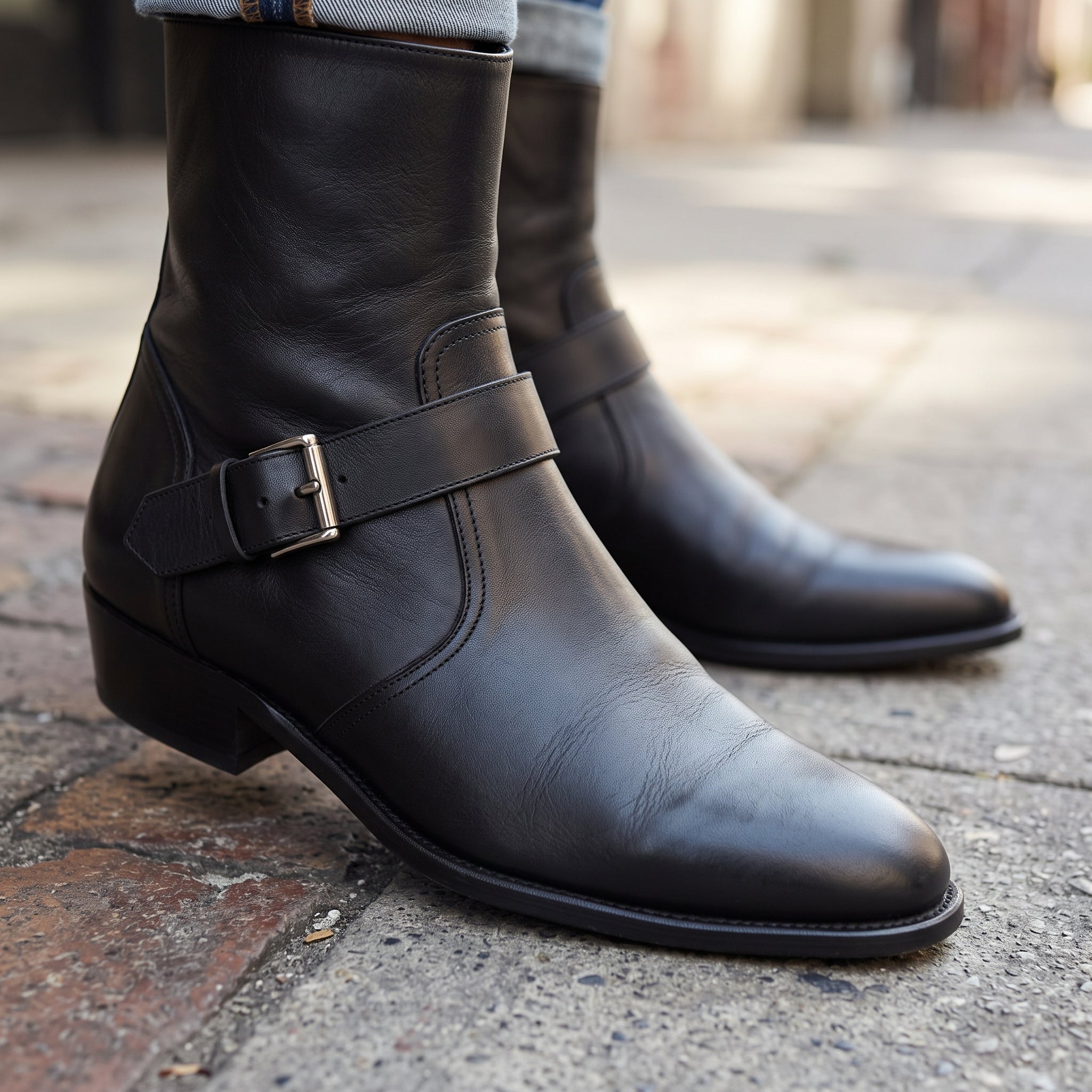 Men's Black Plain-Toe Leather Biker Boots - Blakenham — Blakenham