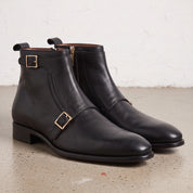 Men's Black Plain-Toe Leather Double Monk Boots — Broomley