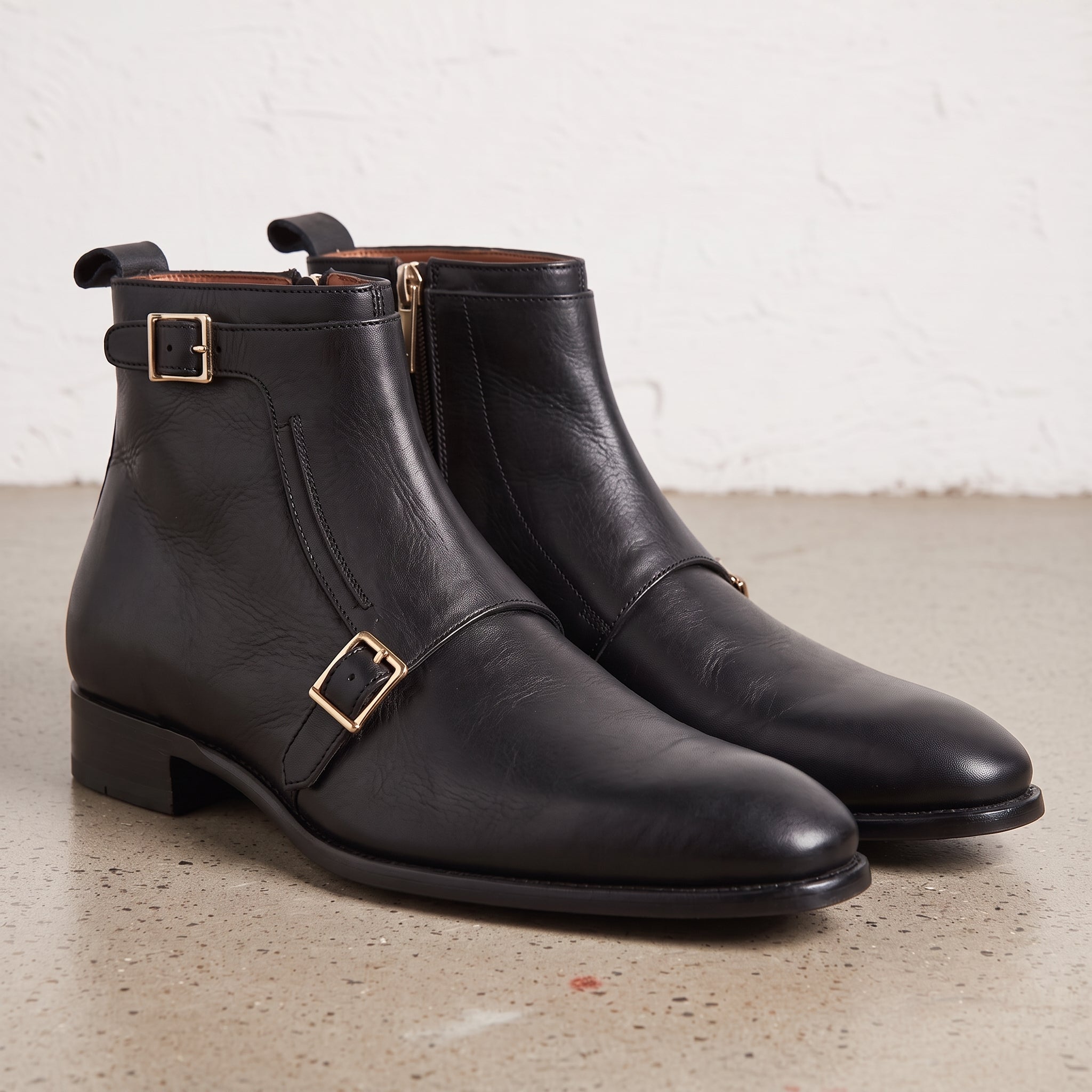 Men's Black Plain-Toe Leather Double Monk Boots — Broomley