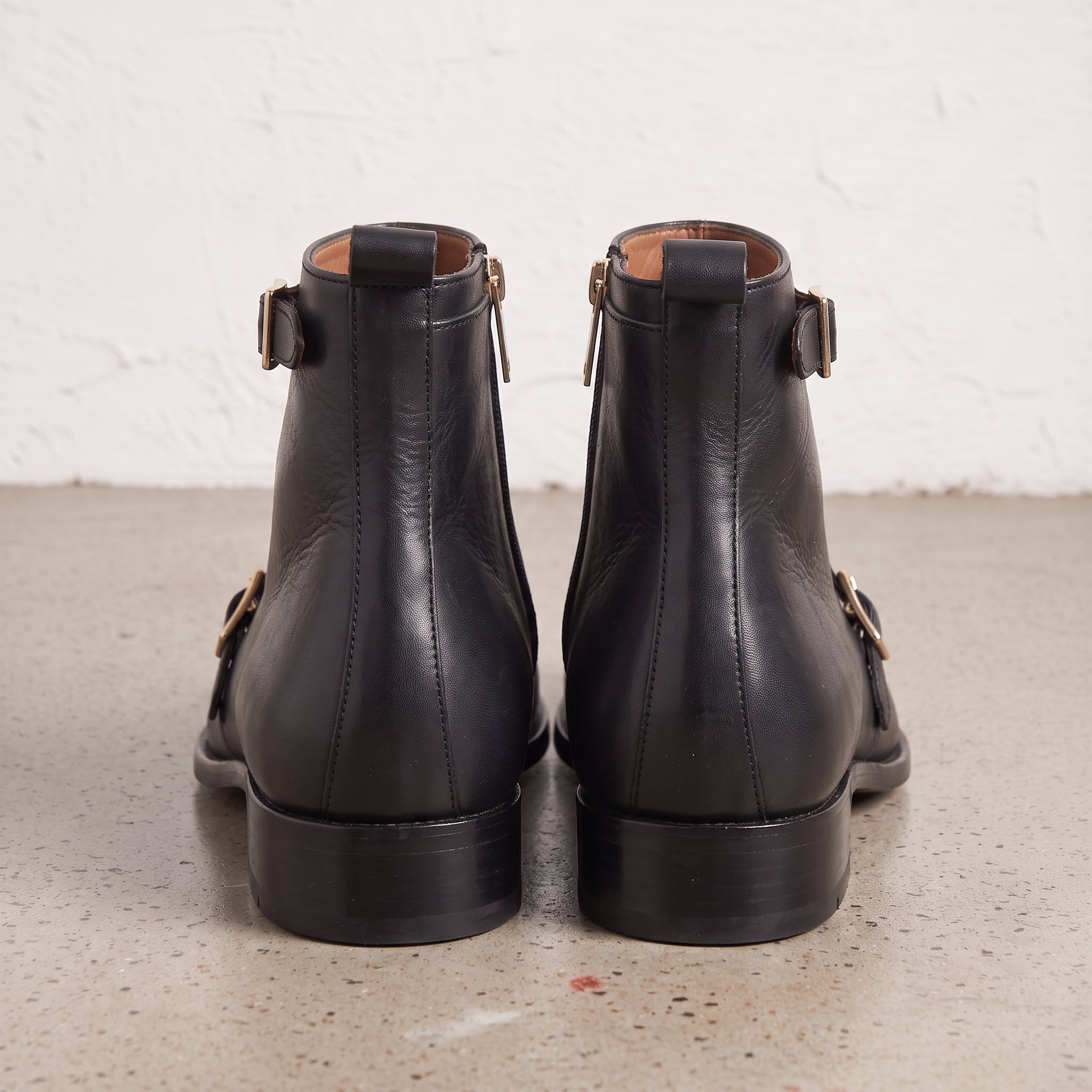Men's Black Plain-Toe Leather Double Monk Boots — Broomley