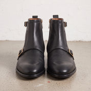 Men's Black Plain-Toe Leather Double Monk Boots — Broomley