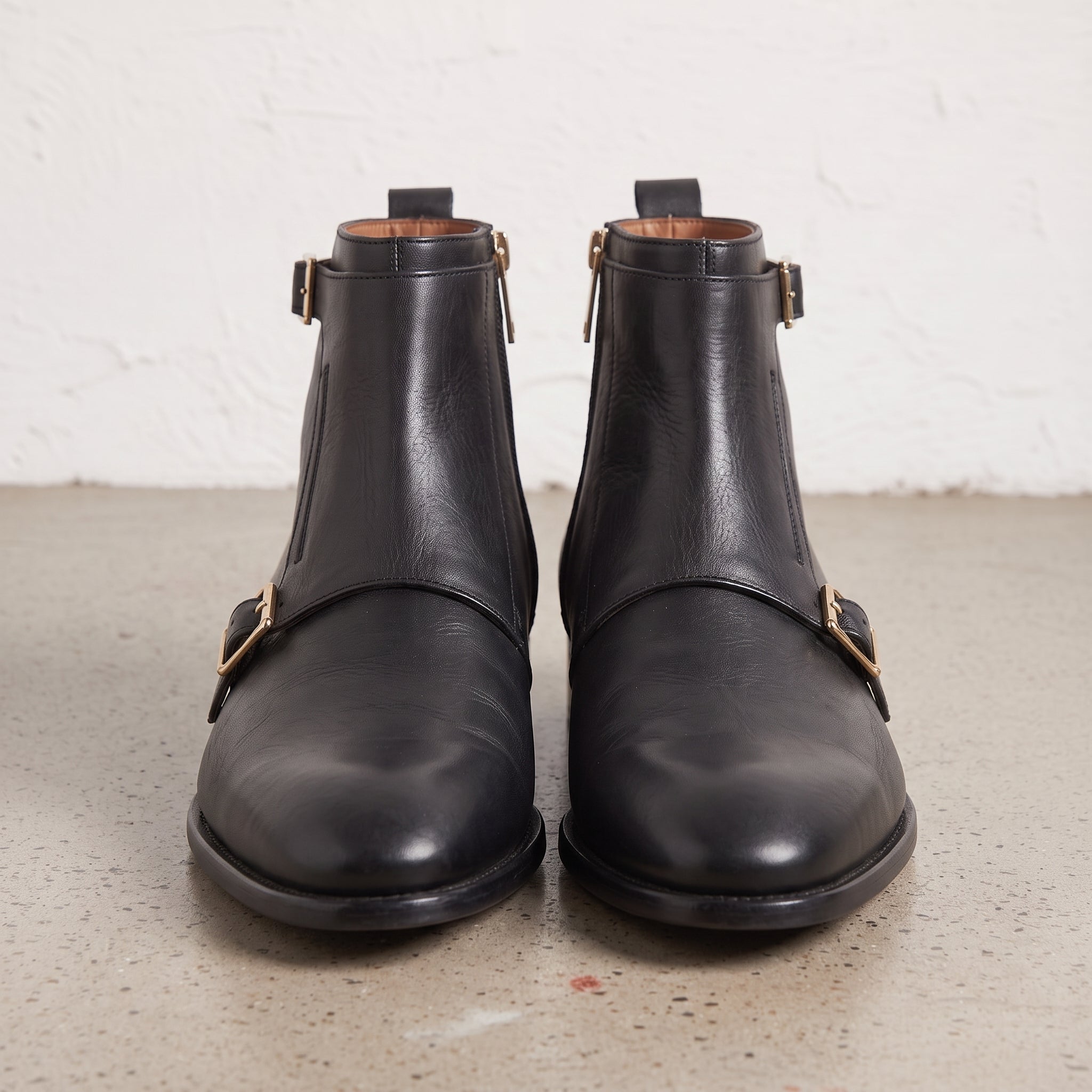 Men's Black Plain-Toe Leather Double Monk Boots — Broomley