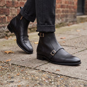Men's Black Plain-Toe Leather Double Monk Boots — Broomley