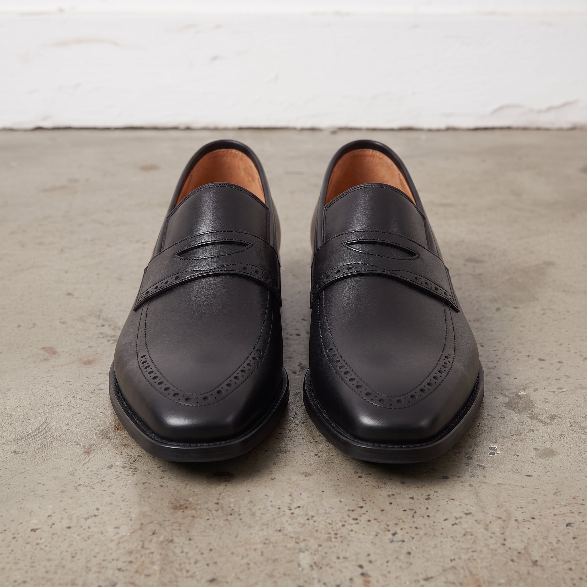 Men's Black Apron-Toe Leather Penny Loafers — Algar