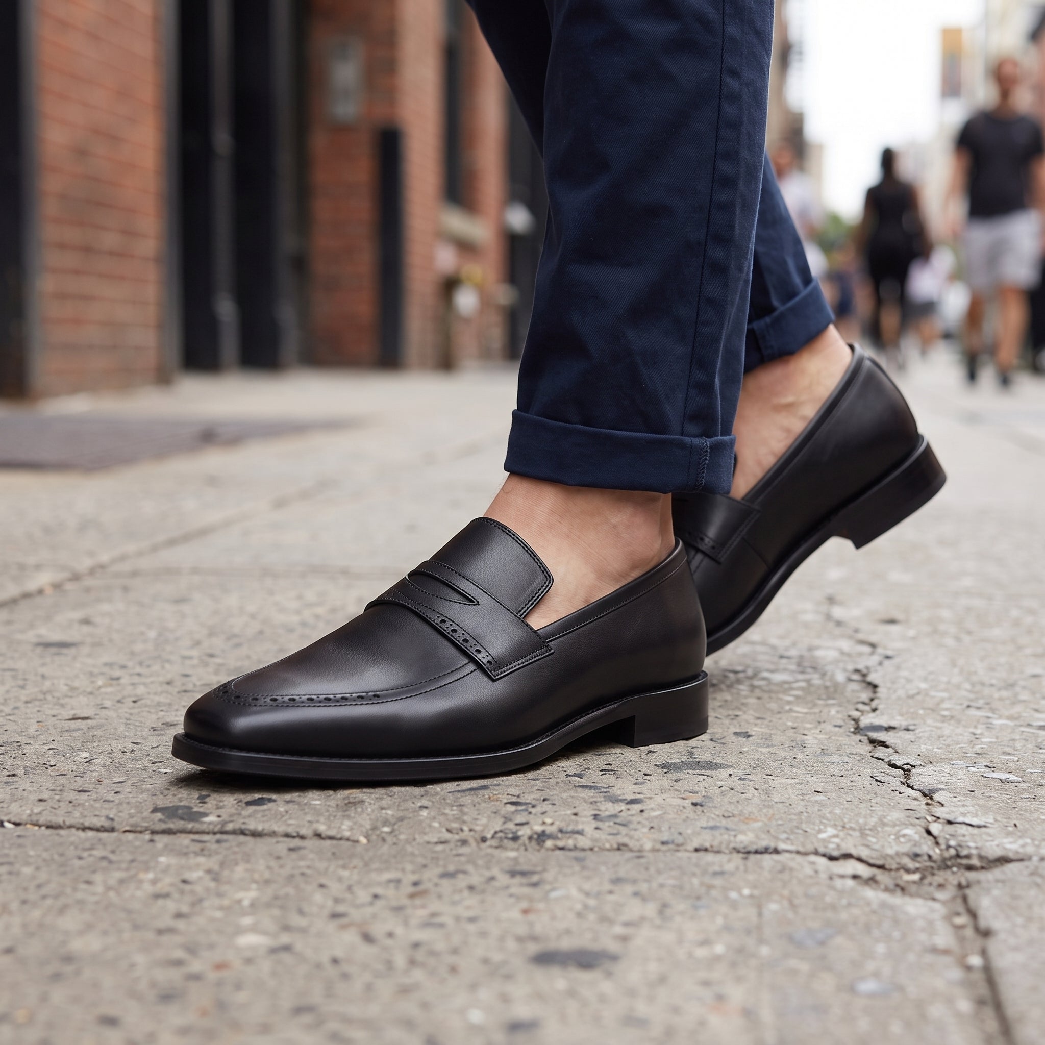 Men's Black Apron-Toe Leather Penny Loafers — Algar