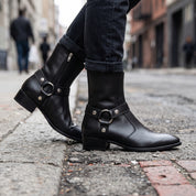 Men's Black Plain-Toe Leather Zip Biker Boots — Barwood