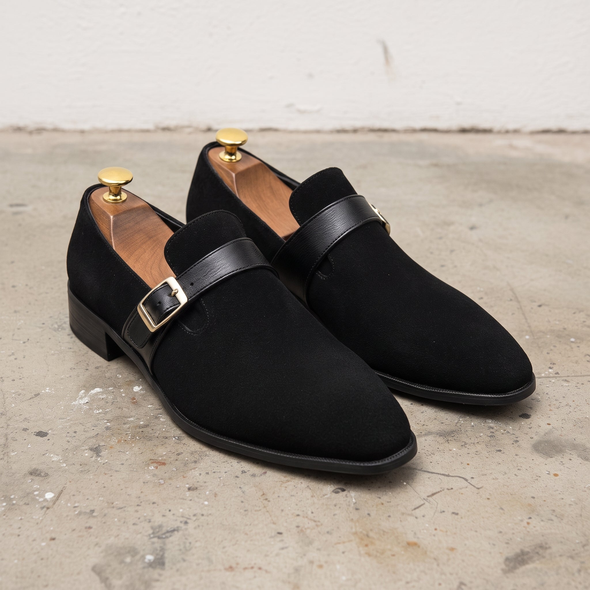 Men's Black Plain-Toe Suede Monk Strap Shoes — Goddard
