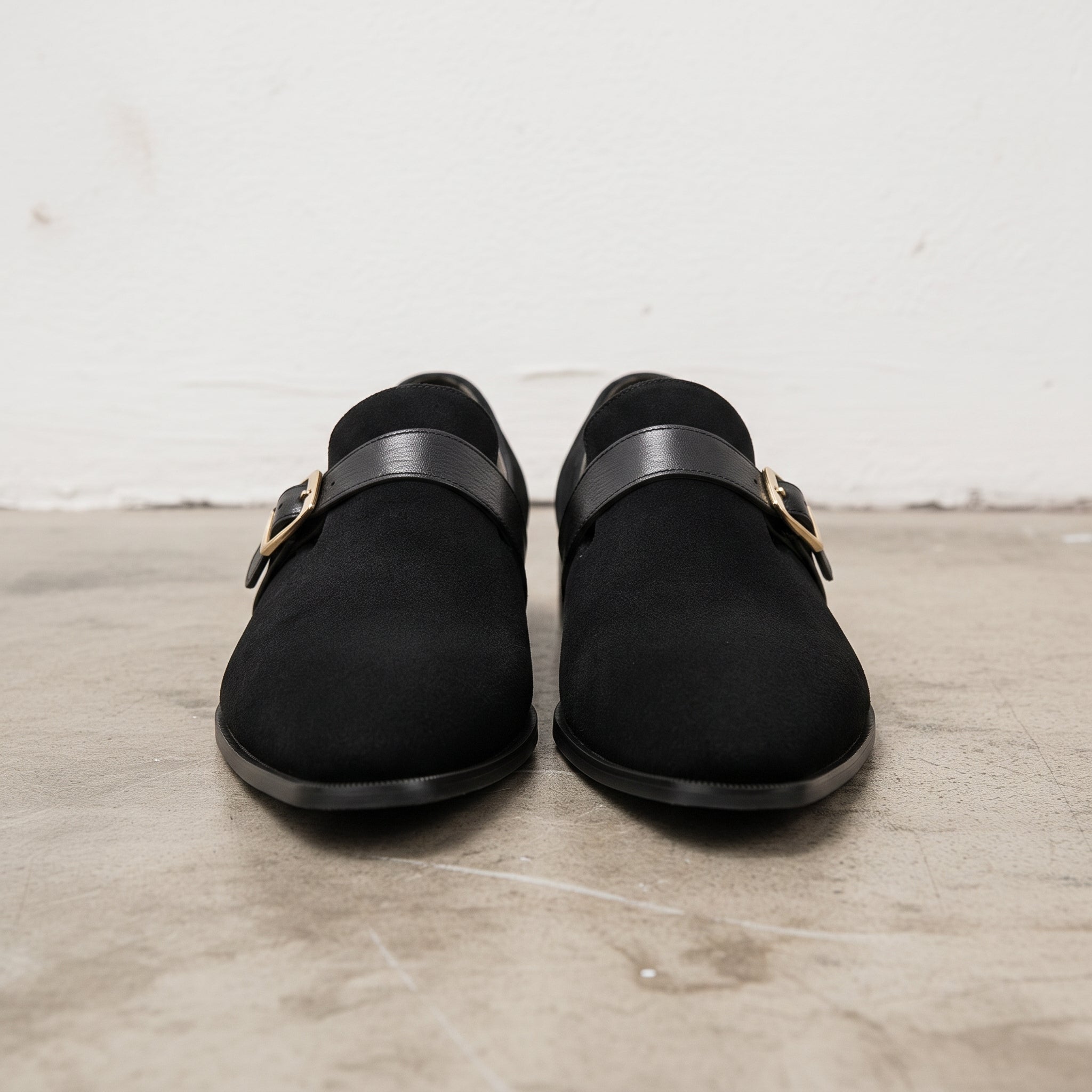 Men's Black Plain-Toe Suede Monk Strap Shoes — Goddard