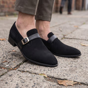 Men's Black Plain-Toe Suede Monk Strap Shoes — Goddard