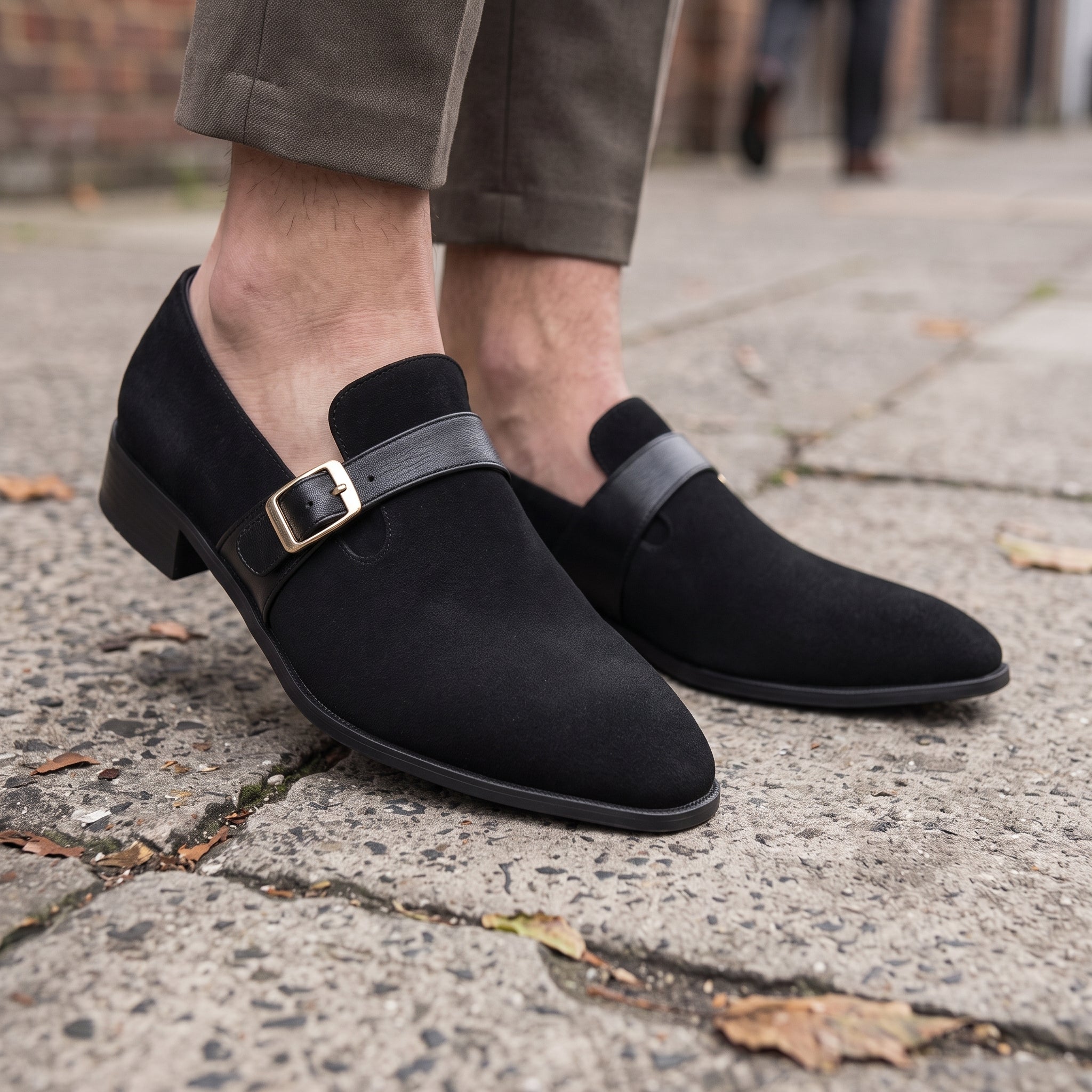 Handcrafted Men's Black Suede Dress Shoes with Buckle Detail