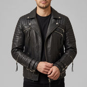 Men's Black Quilted Leather Biker Jacket — Abbett