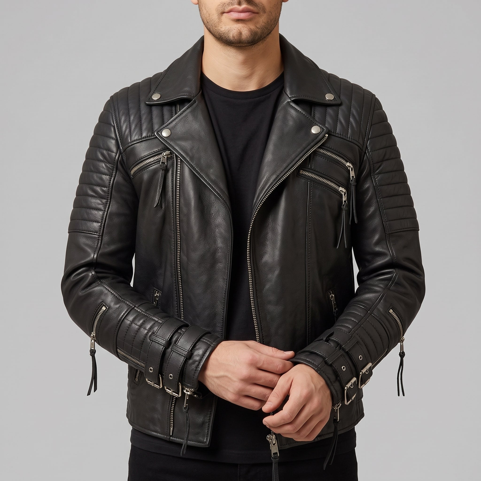 Men's Black Quilted Leather Biker Jacket — Abbett