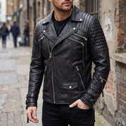 Men's Black Quilted Leather Biker Jacket — Abbett