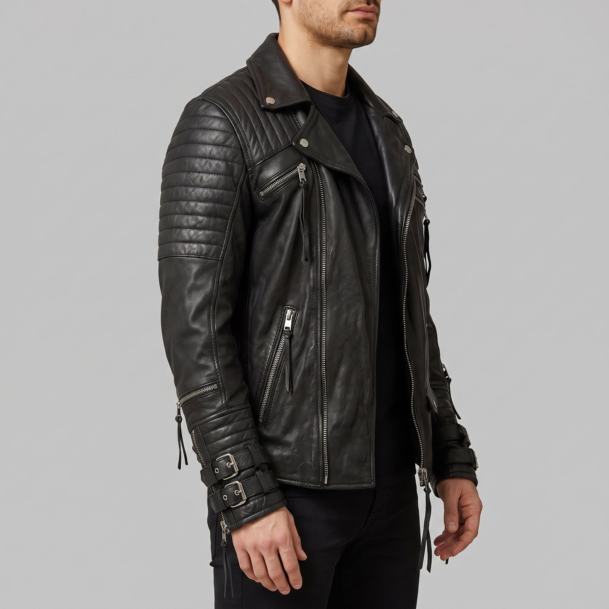 Men's Black Quilted Leather Biker Jacket — Abbett