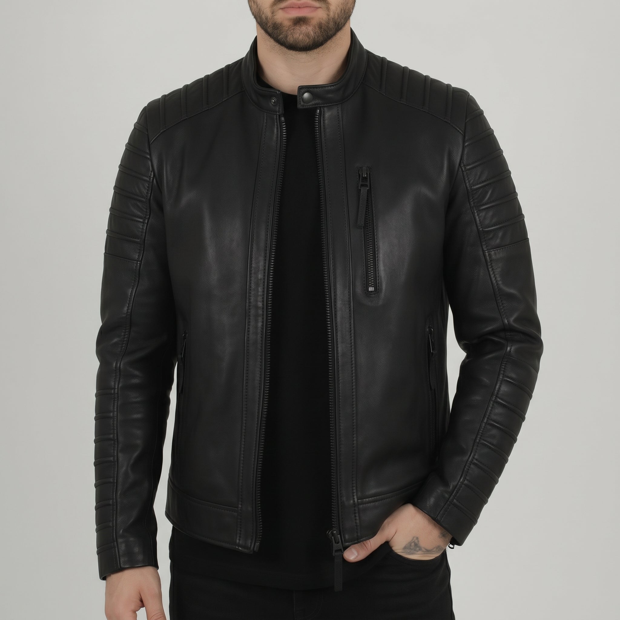 Men's Black Quilted Leather Biker Jacket — Alcott