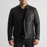 Men's Black Quilted Leather Biker Jacket — Pilton