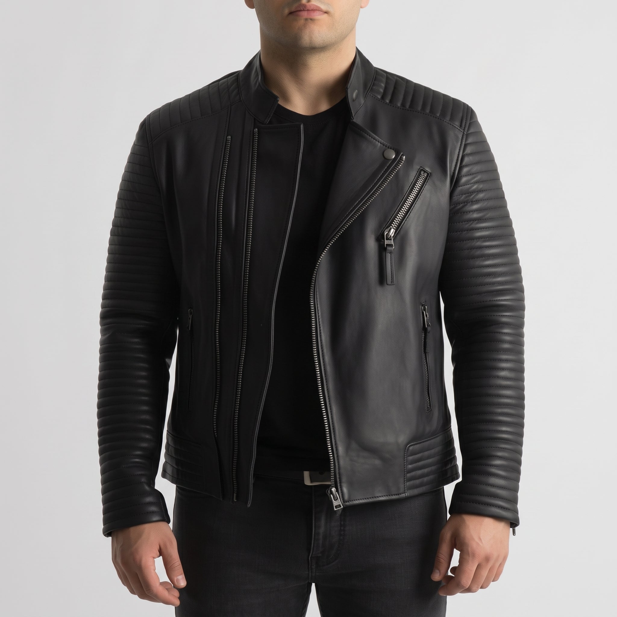 Men's Black Quilted Leather Biker Jacket — Pilton