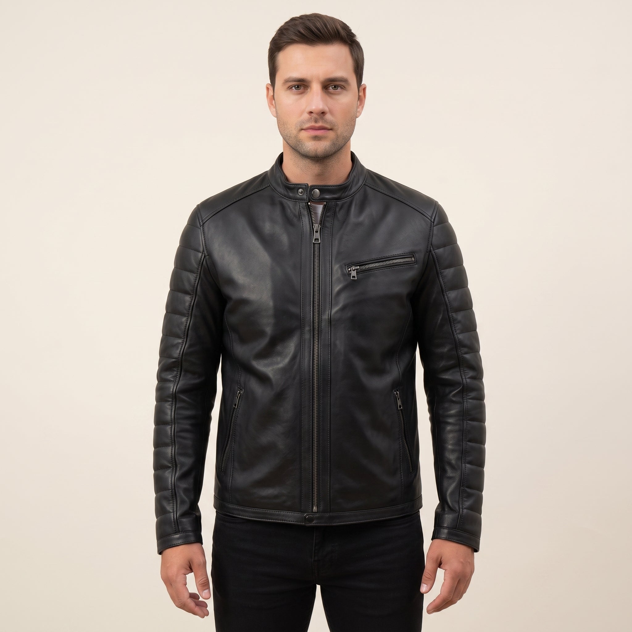 Men's Black Quilted Leather Biker Jacket — Witney