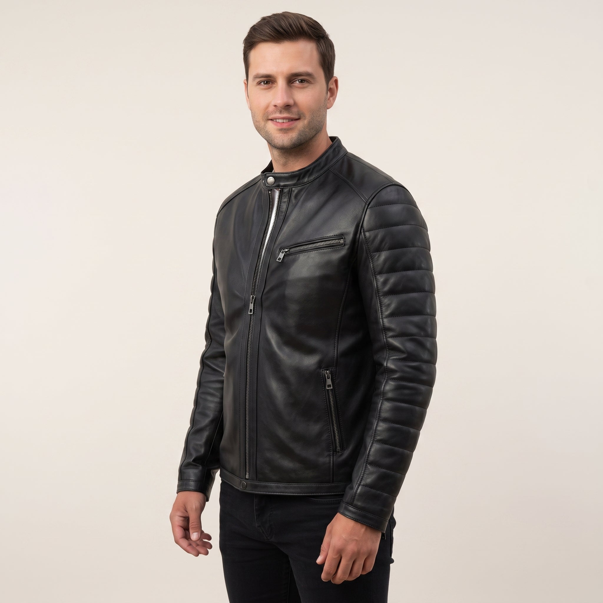 Men's Black Quilted Leather Biker Jacket — Witney