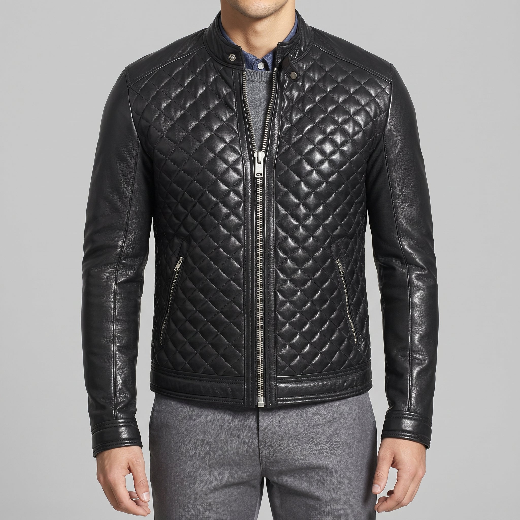 Men's Black Quilted Leather Cafe Racer Jacket — Ferrand