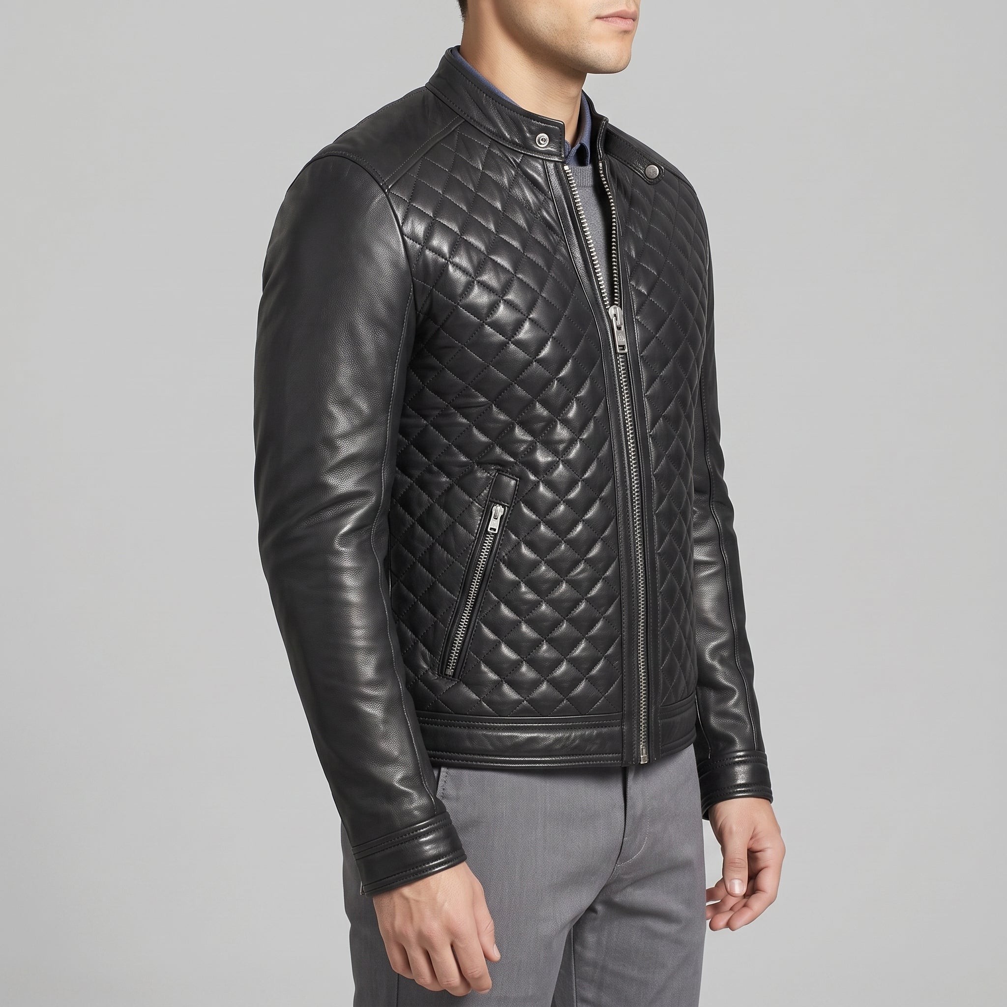 Men's Black Quilted Leather Cafe Racer Jacket — Ferrand