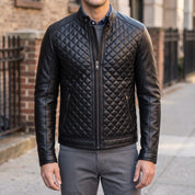 Men's Black Quilted Leather Cafe Racer Jacket — Ferrand