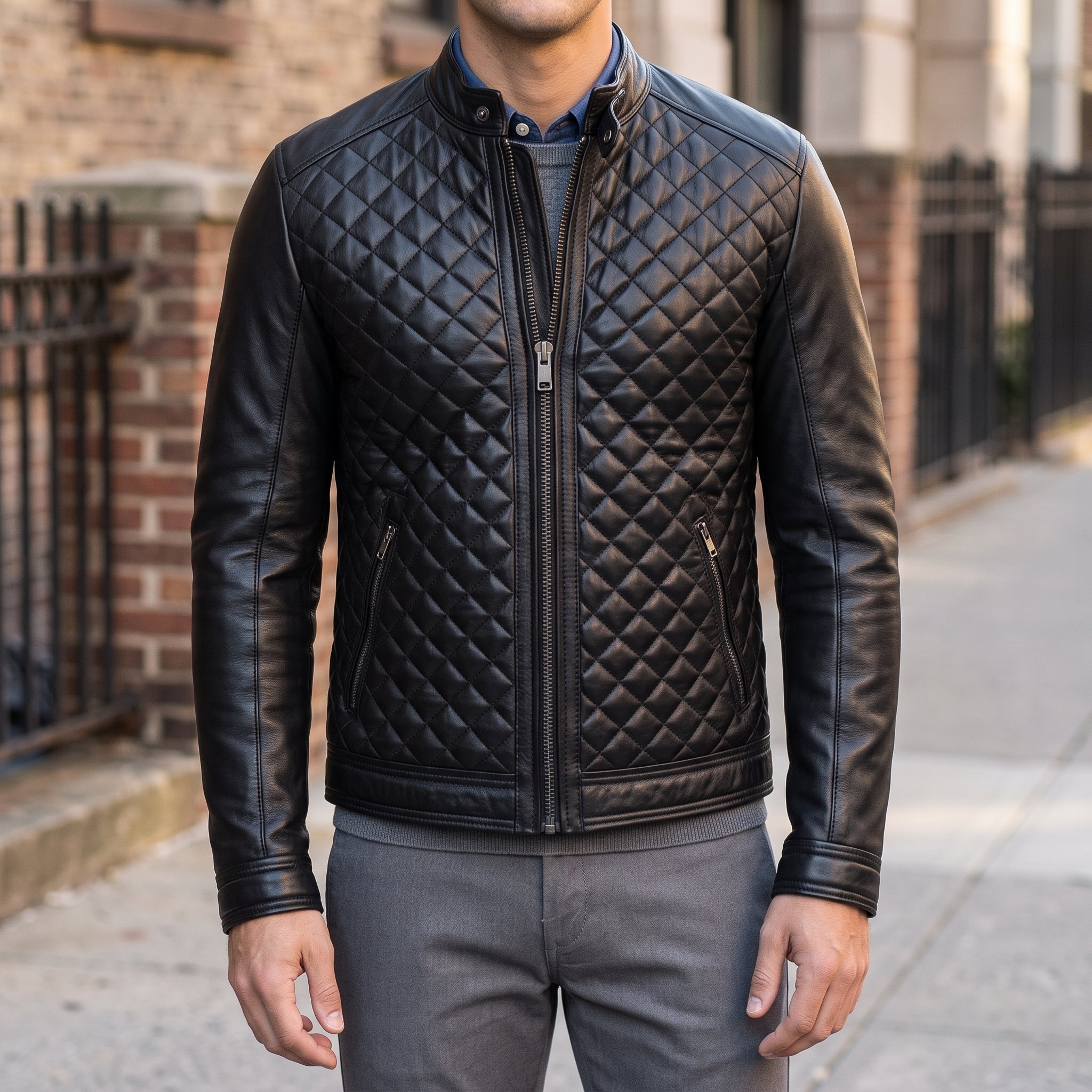 Men's Black Quilted Leather Cafe Racer Jacket — Ferrand