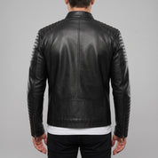 Men’s Black Leather Motorcycle Jacket with Sleeve Padding — Gedge