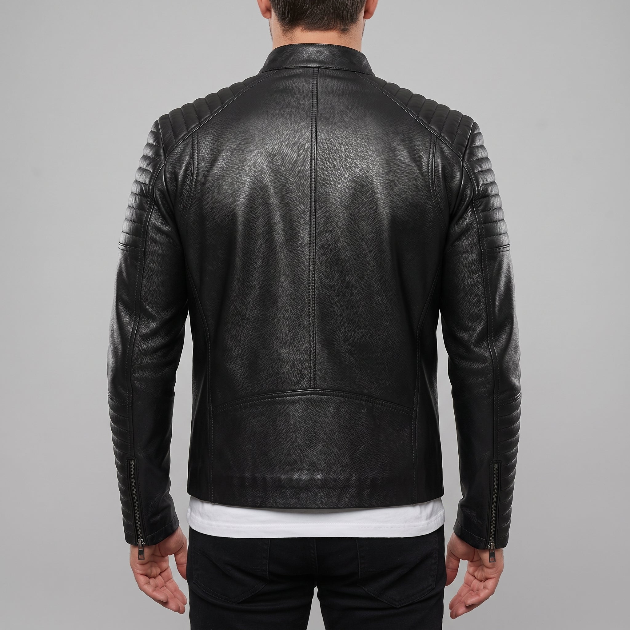 Men’s Black Leather Motorcycle Jacket with Sleeve Padding — Gedge