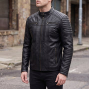 Men’s Black Leather Motorcycle Jacket with Sleeve Padding — Gedge