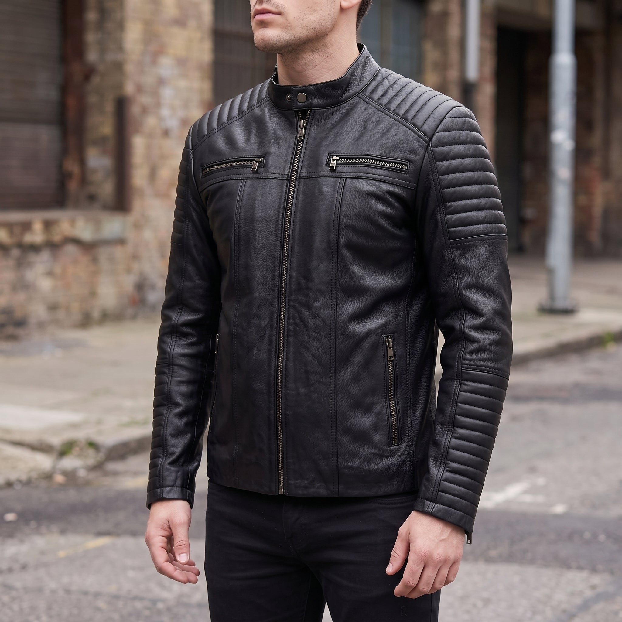 Men’s Black Leather Motorcycle Jacket with Sleeve Padding — Gedge