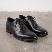 Men's Black Cap-Toe Crocodile-Embossed Leather Oxfords — Eshton — Eshton