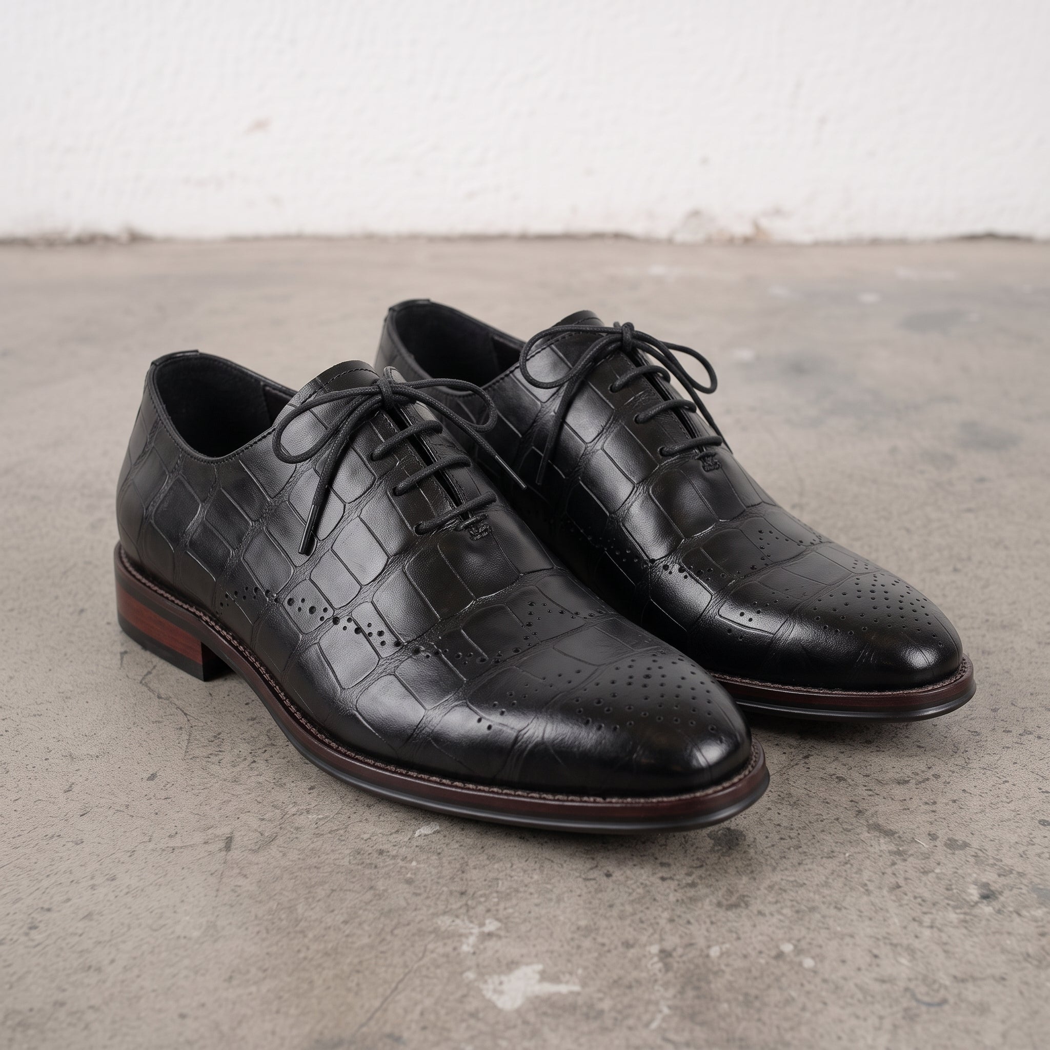 Men's Black Cap-Toe Crocodile-Embossed Leather Oxfords — Eshton — Eshton