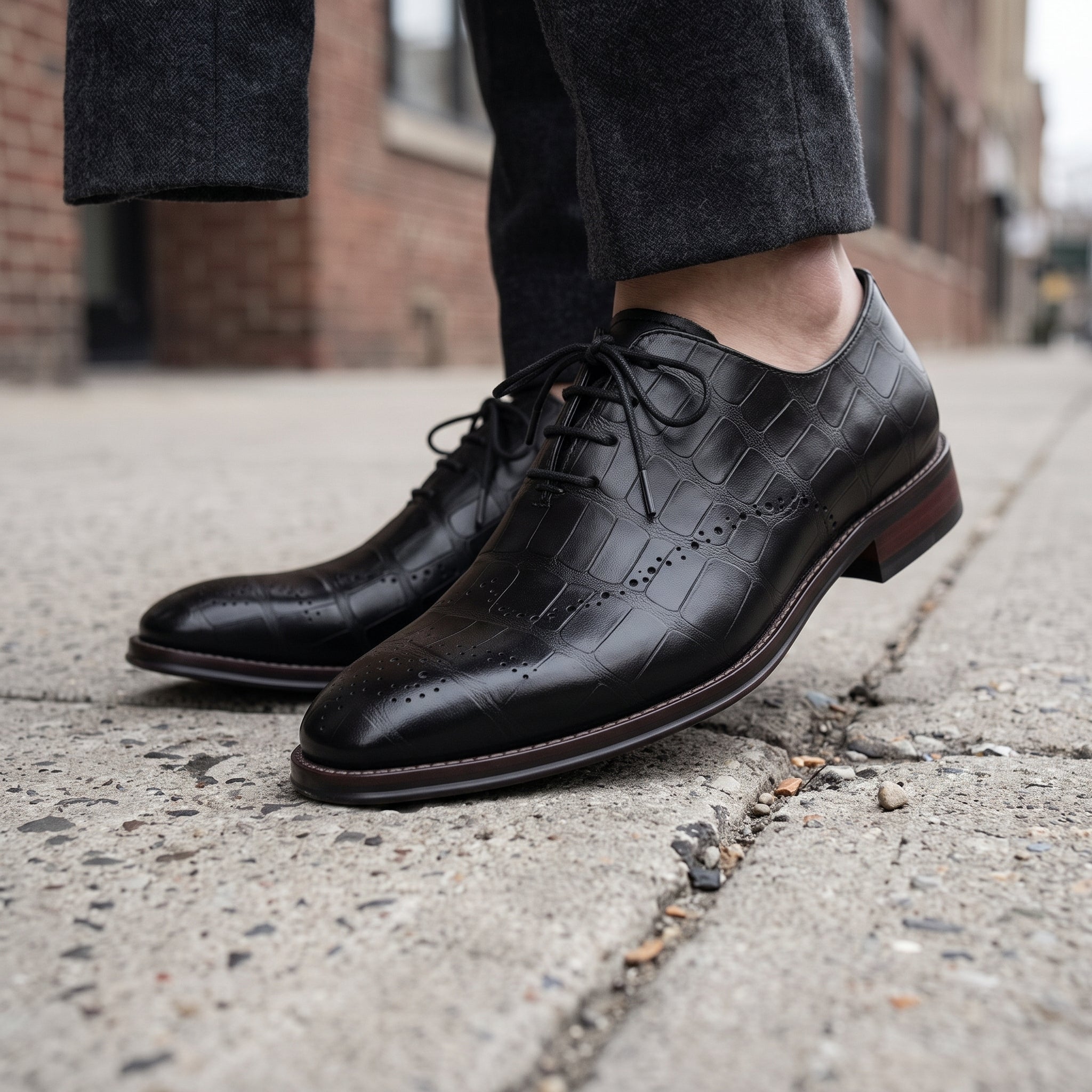 Men's Black Cap-Toe Crocodile-Embossed Leather Oxfords — Eshton — Eshton